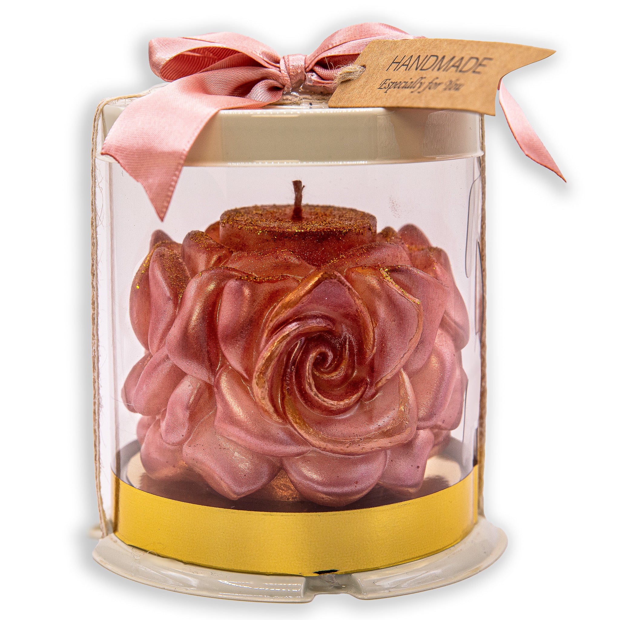 Handgemaakte Kaars met Drie Bloemen – Roze & Goud in Luxe Geschenkdoos