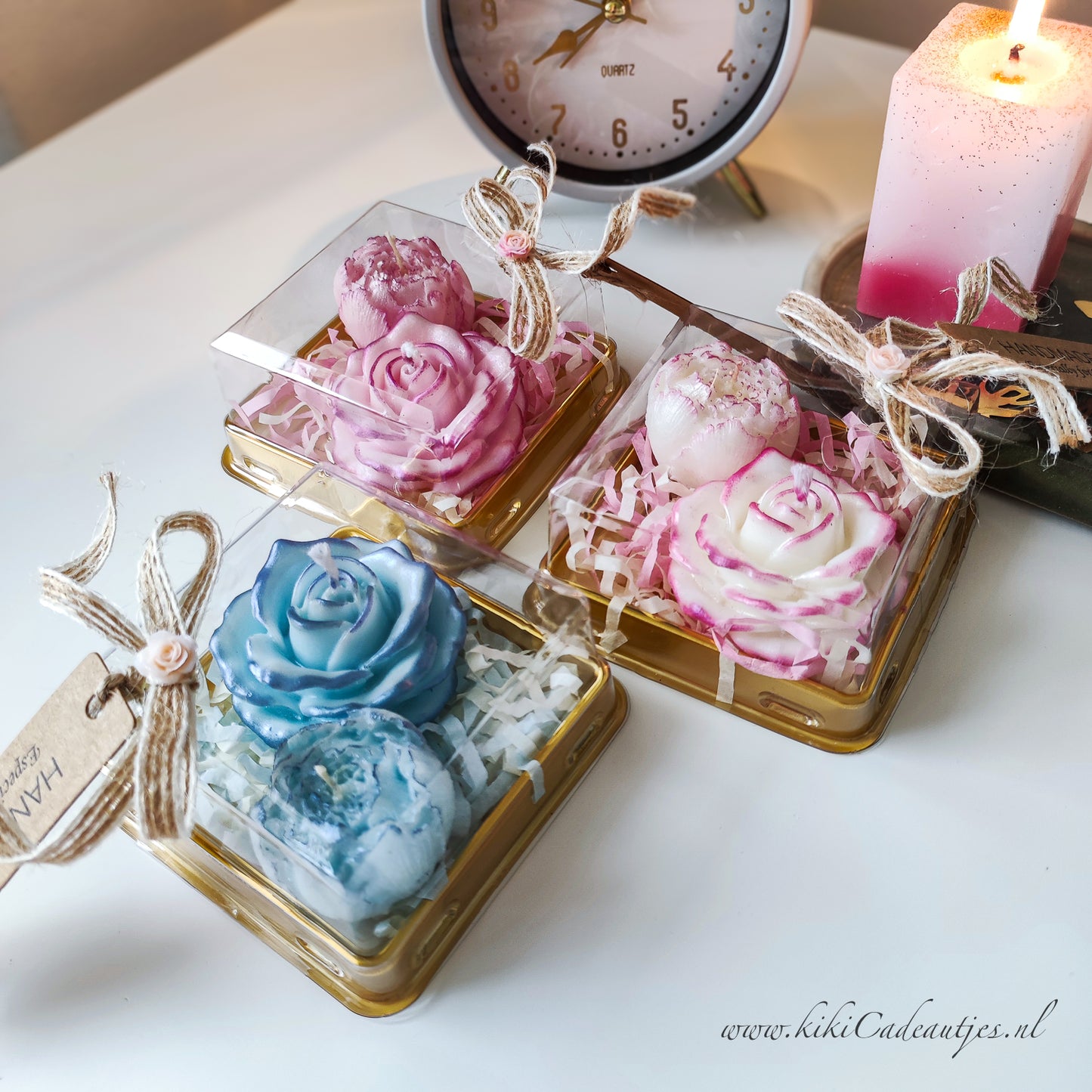 Bloemenkaars Duo Cadeauset in Doos – Handgemaakt met Randoptie